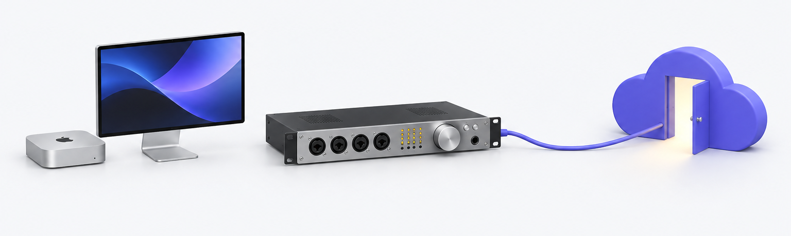 A room Mac wired through an Apollo interface to a door in the cloud, the path a mode switch takes.